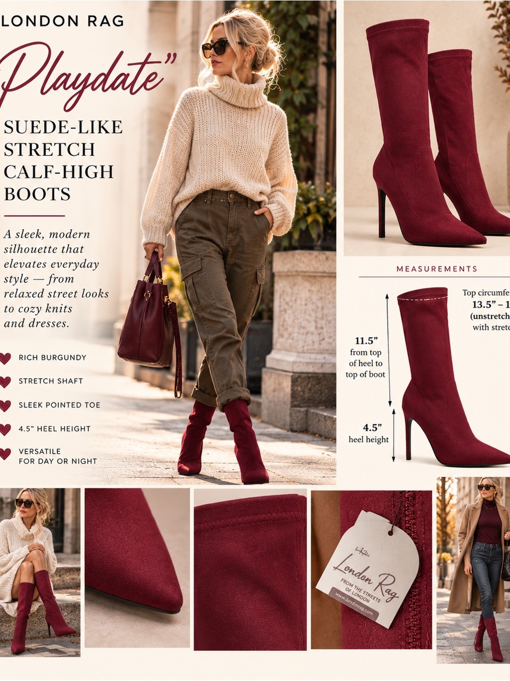 London Rag “Playdate” Suede-like Burgundy Calf-high Women's Stretchy Boots